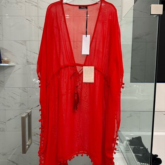 11-Cherry Red Tassel Trim Short Swim Cover by Shahida Parides - Picture 7 of 11